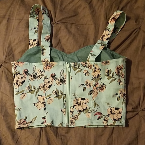 Teal & Floral Padded Crop Top - Picture 2 of 3